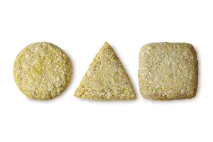 Healthy Seafood Option Drucke: Round, triangular and square squid cutlet isolated on white