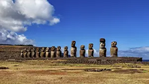Rapa Nui Island Photography Drucke: Row of Moai statues on a platform against a clear sky