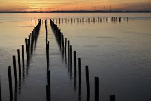 Dusk Atmosphere Drucke: Row of posts over calm water at dusk