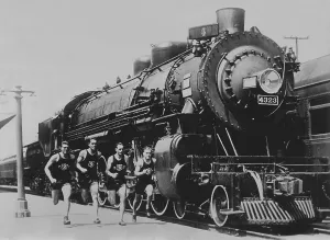 Old Steam Locomotives Drucke: Runners and train in the 1930s