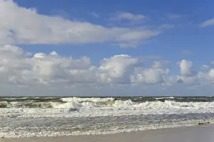 Cumulus Cloud Formation Drucke: Running out waves on the sandy beach