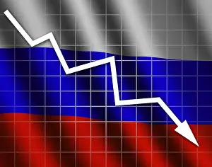 Uninhabited Country Flags Drucke: The Russian flag and arrow graph going down