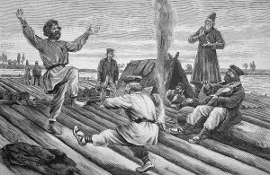Vintage River Transport Drucke: Russian rafters with a float on the river Pregel