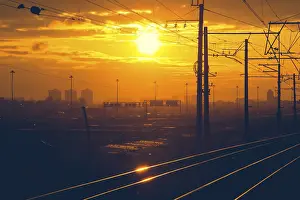 Railway Track Photography Drucke: The Russian railway at sunset in the spring