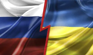 Eastern European Conflict Drucke: Russian and Ukrainian flags split by a red lightning bolt