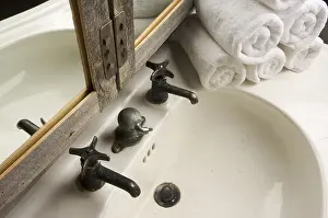 Deserted Bathroom Scene Drucke: Rustic bathroom sink and mirror