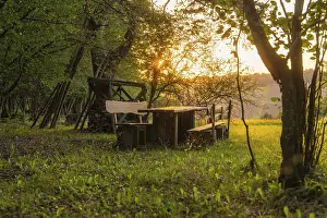 German Countryside Landscape Photography Drucke: Rustic bench and table in the forest at sunset