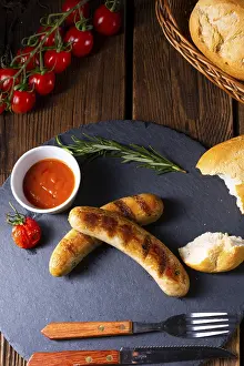 Bavarian Sausage Products Drucke: Rustic bratwurst with ketchup and fresh rolls