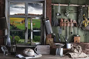 Hilly Landscape Photography Drucke: Rustic farm kitchen with utensils
