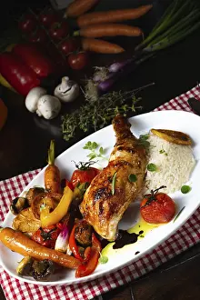 Gastronomy Meal Ideas Drucke: Rustic fried chicken legs with assorted vegetables and rice