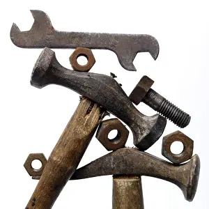 No People Background Image Drucke: Rusty hammers, Old tools on white background