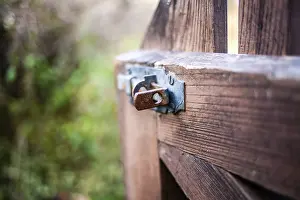 Bilder Datiert 10. Dezember 2024: Rostiger Schlossbolzen an einem Gartenzaun.