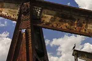 Deserted Building Drucke: A rusty structure with a bird perched on it under a blue sky with clouds in Windsor