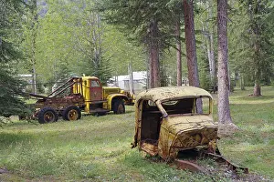 Yukon Territory Landscape Drucke: Two rusty vehicles standing in the middle of the forest in a clearing