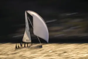 Deserted Lake Waterfront Scene Drucke: Sailboat as a pull-along, artistically worked