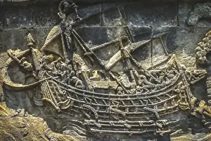 Borobudur Temple Drucke: Sailing ship sculpted and carved on the wall in the Borobudur temple in Java