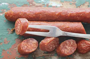 Meat Products Images Drucke: Salami with a fork