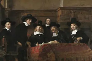 Drucke von Die Probenbeamten der Weberzunft (1662), Werk von Rembrandt Harmenszoon van Rijn (geboren am 15. Juli 1606 in Leiden, gestorben am 4) Rembrandt Van Rijn Drucke: Die Probenbeamten der Drapier-Gilde (1662)