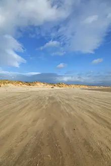 Sandy Coast Europe Drucke: Sand blowing over beach, clouds