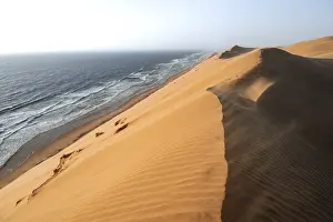 Sand Dunes Evening Light Drucke: Sand dunes with wave patterns and sea in evening light