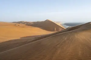 African Desert Scenery Drucke: Sand dunes with wave patterns and sea in evening light
