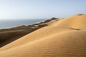 Sand Dunes Evening Light Drucke: Sand dunes with wave patterns and sea in evening light
