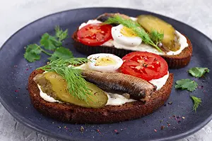 Drucke von Sandwiches auf Roggenbrot mit Sprotten, Wachteln, frischen Tomaten und Gurken in Essig, auf einem dunklen Teller, Vorspeise, Frühstück Sprotte Drucke: Sandwiches auf Roggenbrot mit Makrelen.