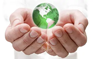 World Geography Images Drucke: Save the world. earth globe in human hands