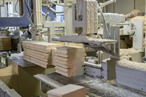 Deserted Sawmill Scene Drucke: At sawmill. Image of profiled bar during processing