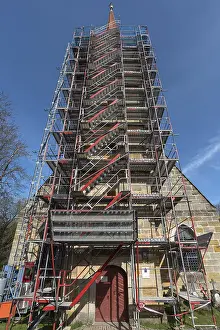 German Federal Republic Construction Work Drucke: Scaffolding at the tower of the St