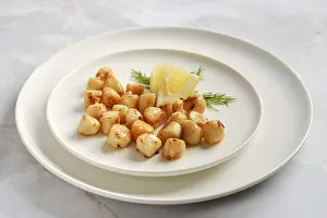 Appetizing Seafood Starter Drucke: Scallops are placed on a white plate