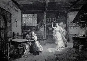 Vintage Theatre Illustration Drucke: Scene from the opera Das Heimchen am Herd