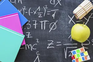 Scientific Research Methods Drucke: School board with math calculations