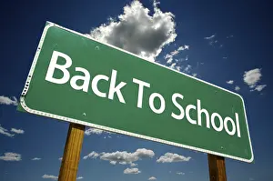 Cloudy Sky Street Sign Drucke: Back to school road sign with dramatic clouds and sky