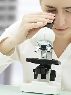 Laboratory Equipment Drucke: Scientist looking through a microscope