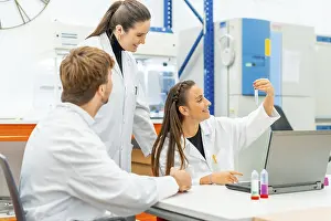 Healthcare Professionals At Work Drucke: Scientists looking at samples while working with laptop sitting on a table in a lab