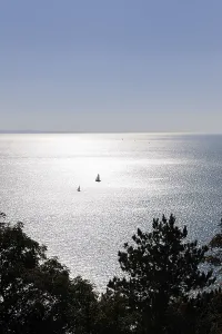Sailboat Against The Light Drucke: Sea view from the Rilke path, Duino-Aurisina