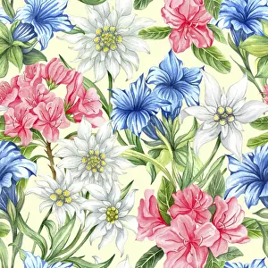 Bilder Datiert 15. April 2024: Ununterbrochenes Muster mit Alpenblumen.