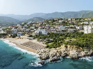 Drone Photography Albania Drucke: Seaside view over Himare from a drone