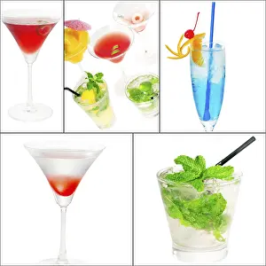 Cocktail Collage Drucke: Selection of cocktails drinks collage composition nested on a square frame