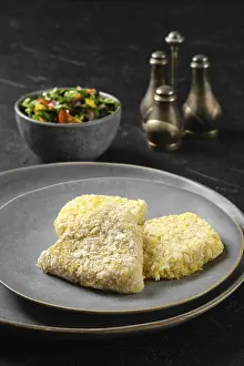 Crispy Breadcrumb Coating Drucke: Semifinished squid cutlet in breading on a plate