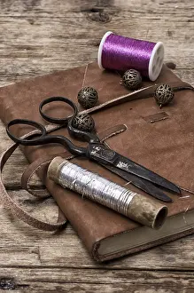 Tailor Tools Drucke: Set of accessories for sewing threads and buttons
