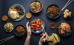 Fried Spring Rolls Drucke: Set of Chinese dishes on table