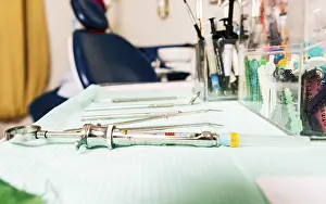 Medical Care Accessories Drucke: Set of dental tools on dentist's panel