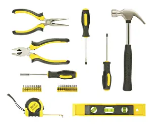 Studio Shot Equipment Drucke: Set of different tools isolated on white background