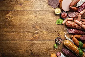 Sausage Platter Drucke: Set of different types of sausages