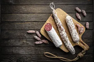 Smoked Meat Products Drucke: Set of different types of sausages