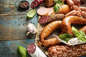 Pork Sausage Products Drucke: Set of different types of sausages
