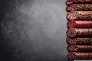 Smoked Meat Products Drucke: Set of different types of sausages