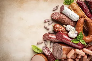 Savory Meat Dishes Drucke: Set of different types of sausages